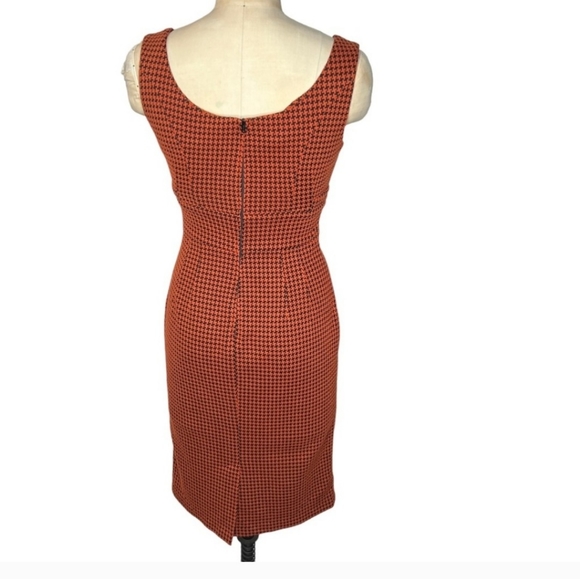 “Stop Staring” pumpkin orange and black houndstooth retro  look fitted dress- S - Picture 2 of 15